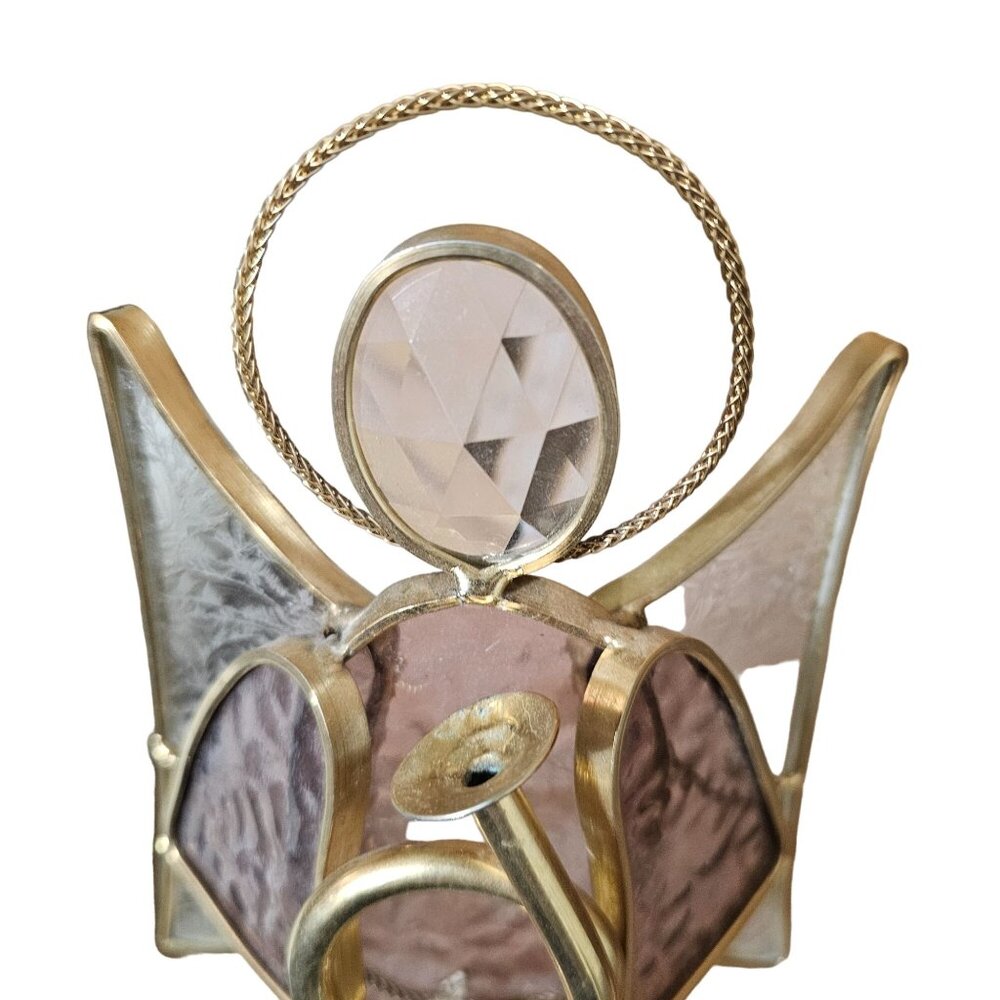 Stained Glass Angel Figurine With Trumpet - Gold Trim & Crystal Halo - Picture 3 of 7